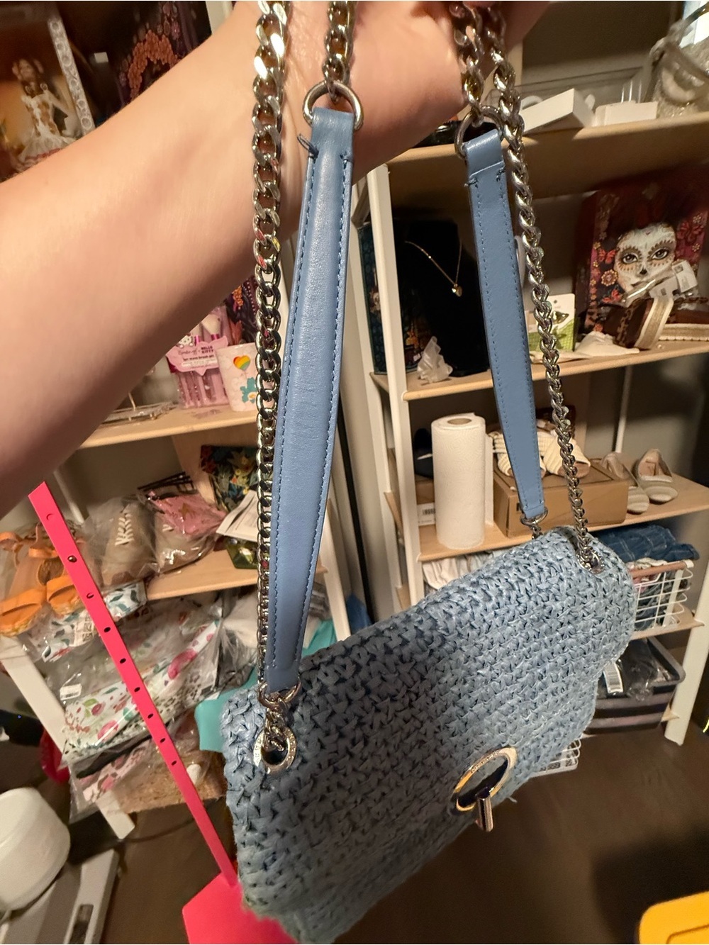 Sandro Paris Yza Raffia Shoulder Bag | Blue Woven Top Handle Purse - Picture 8 of 17